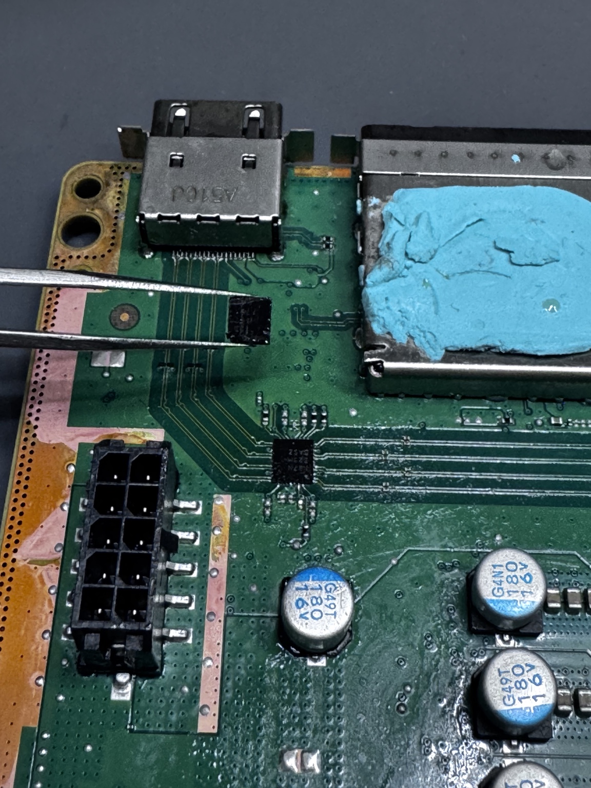 Close view of an Xbox Series X motherboard port area